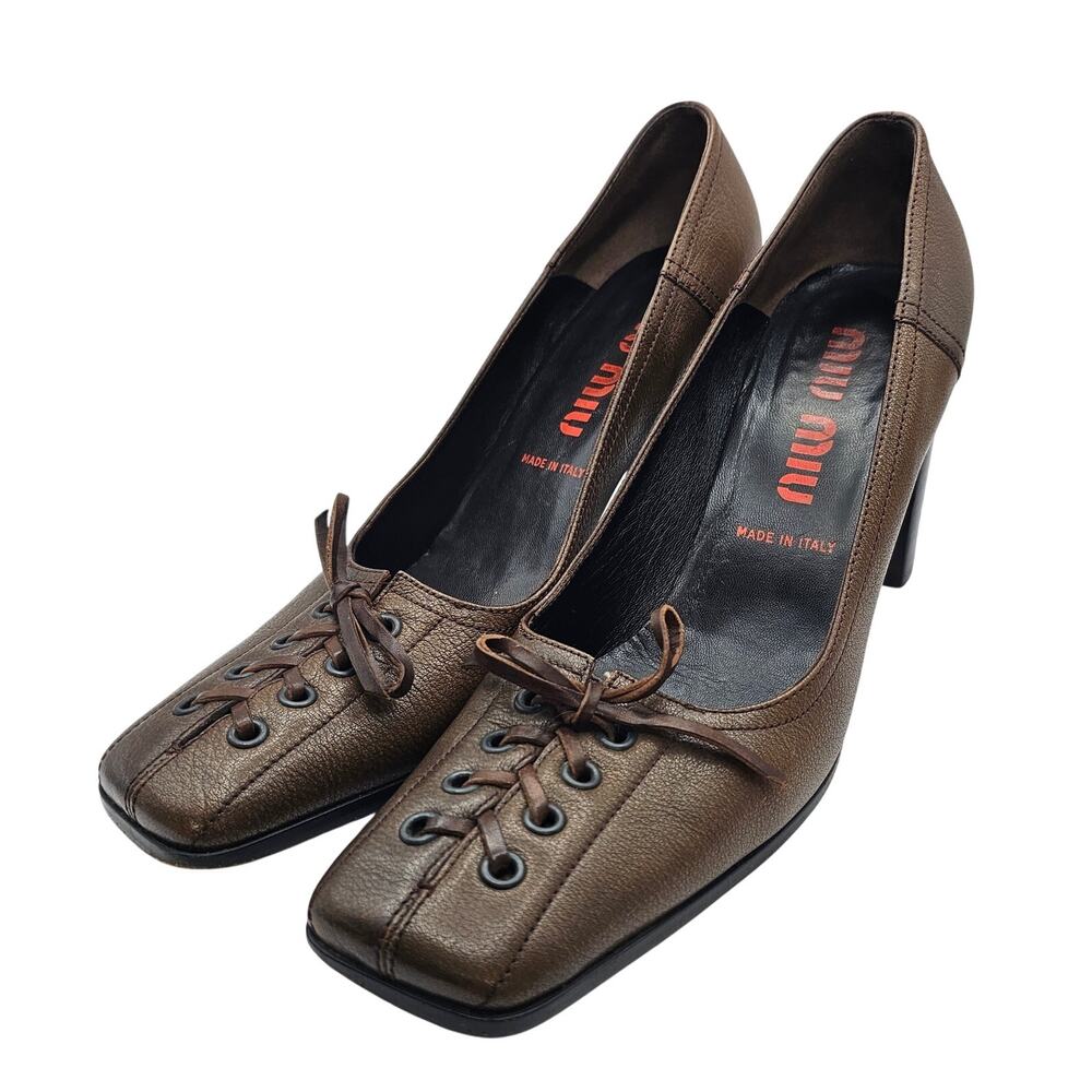 Vintage Miu Miu Brown Leather Square Toe Lace Up Bow Pumps Heels EU 40 US 9